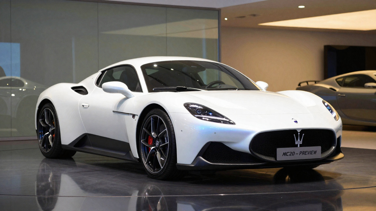 Carro desportivo branco Maserati MC20 exibido em ambiente interior moderno.