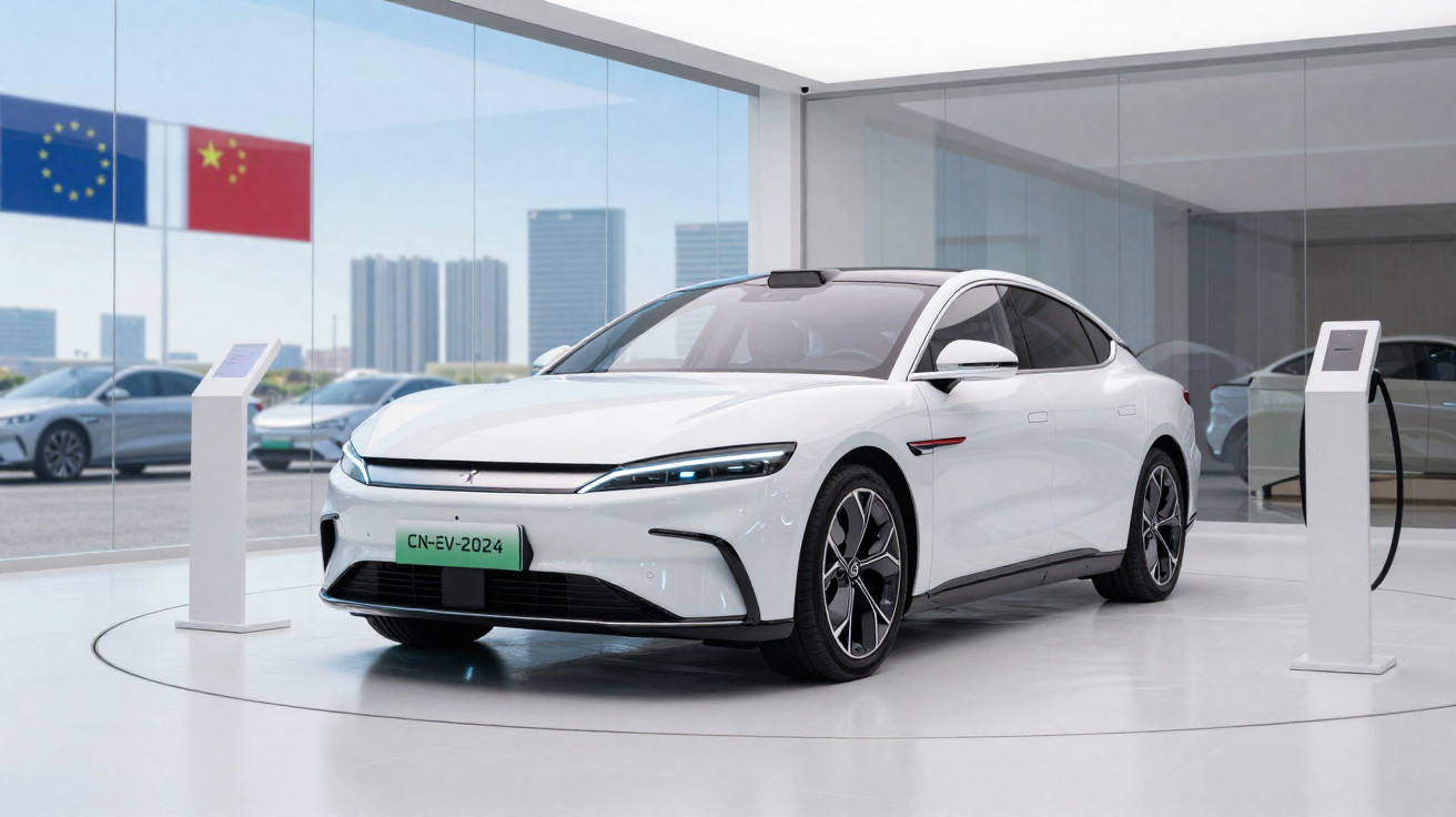 Carro elétrico branco em exposição num salão moderno, com bandeiras da UE e China no fundo.