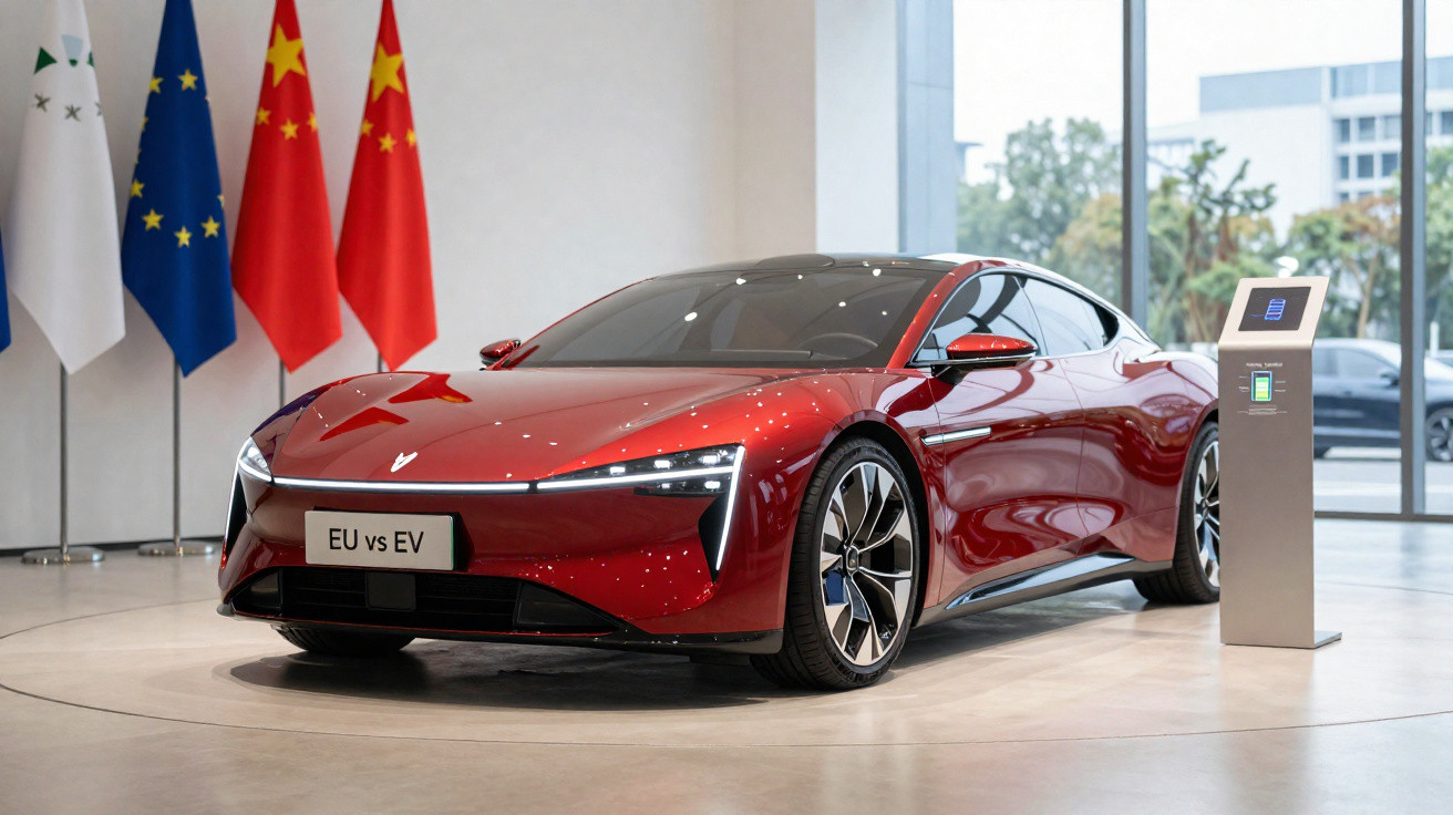 Carro elétrico vermelho num salão com bandeiras da União Europeia e China ao fundo.