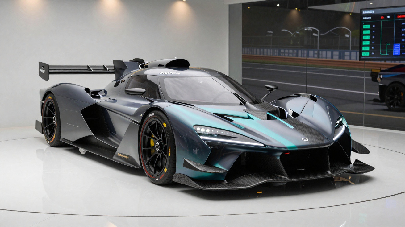 Carro de corrida preto com detalhes azuis exibido numa sala moderna com chão branco e ecrã digital ao fundo.