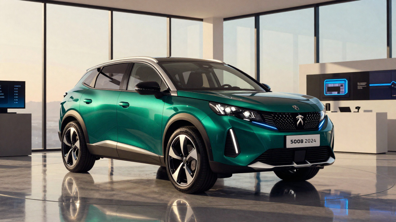 Peugeot 5008 2024 verde e preto estacionado em showroom moderno com grandes janelas de vidro.