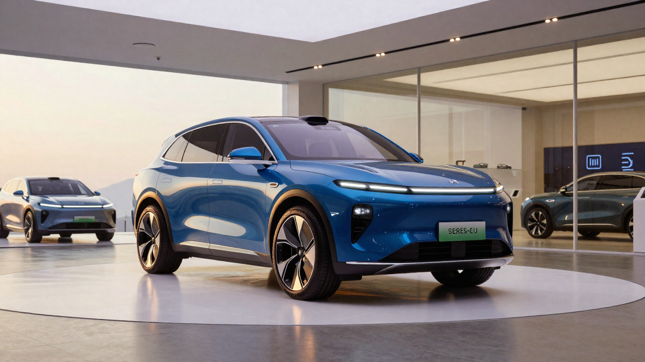 Carro elétrico azul Seres-EU numa exposição moderna com vários veículos elétricos ao fundo.