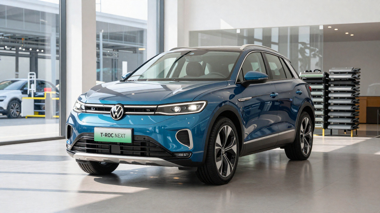 SUV Volkswagen T-Roc Next azul exibido em showroom moderno com chão cinzento e luz natural.