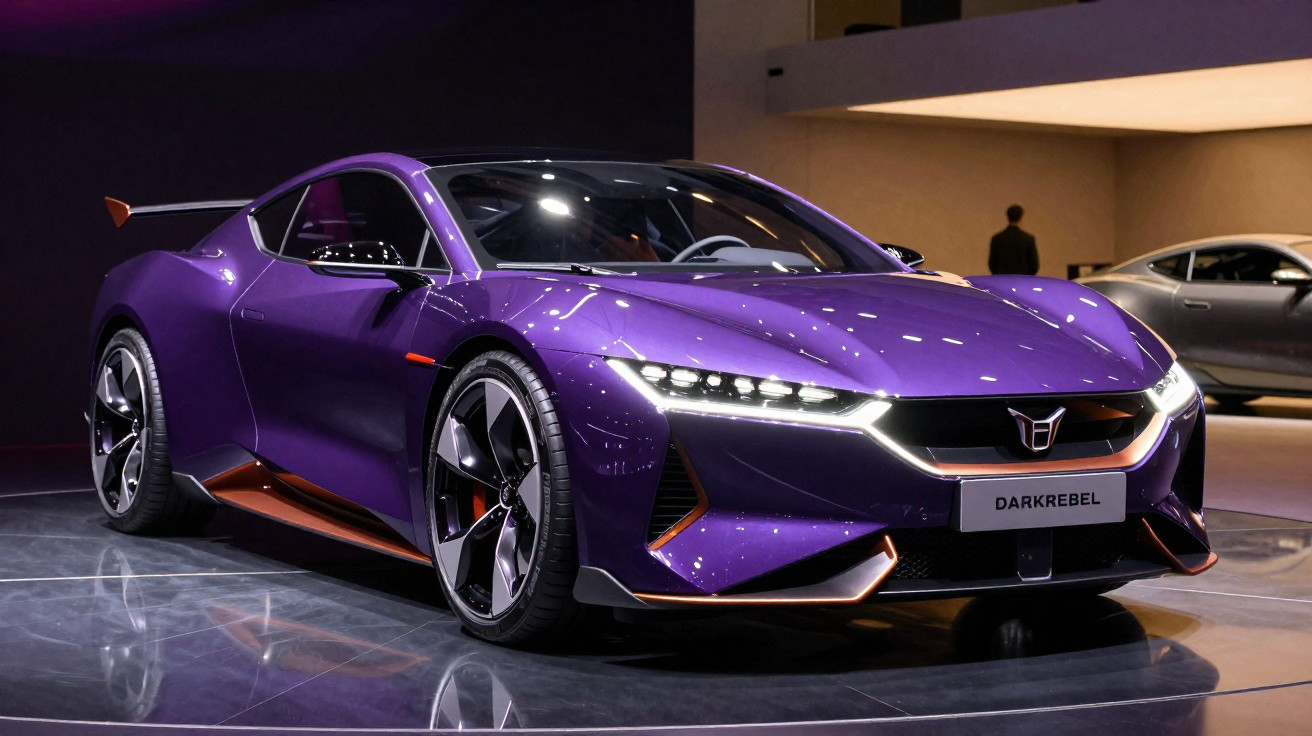 Carro desportivo elétrico DarkRebel cor roxa com detalhes laranja em exposição numa feira automóvel.