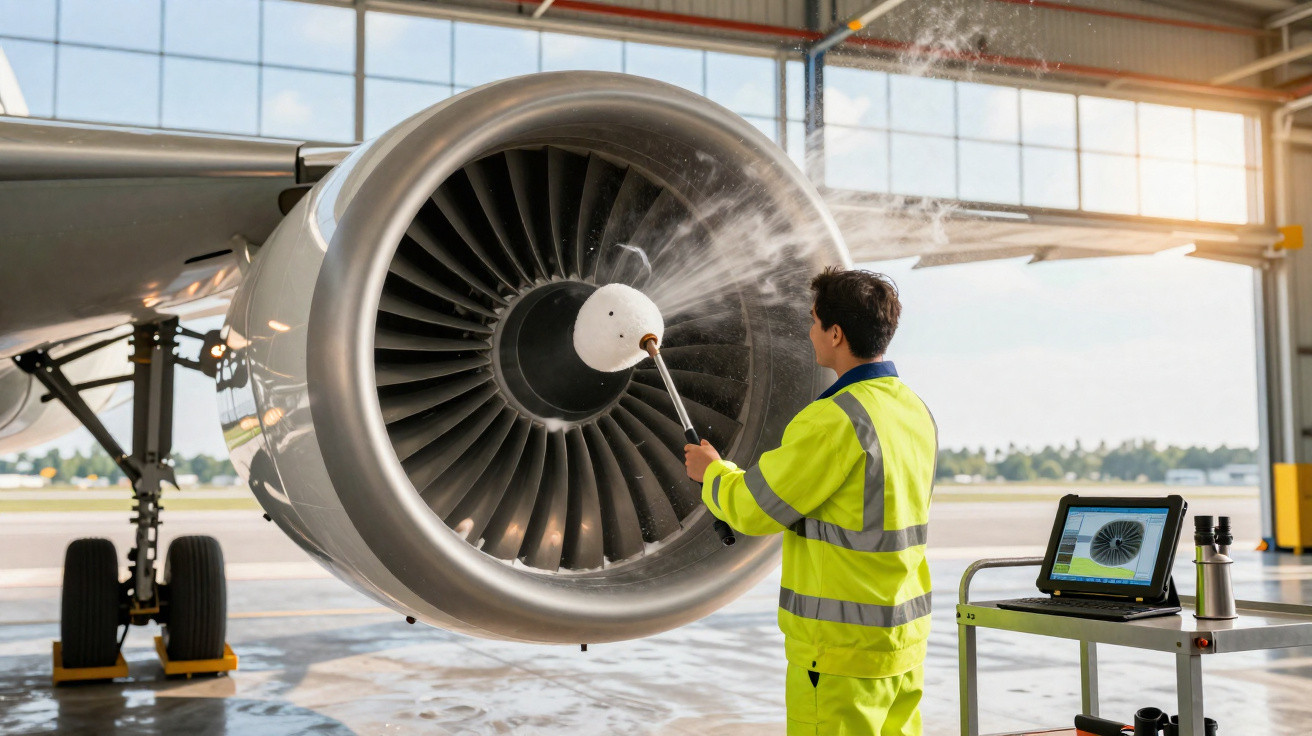 Técnico em colete refletor a lavar a turbina de um avião dentro de hangar com computador de apoio.