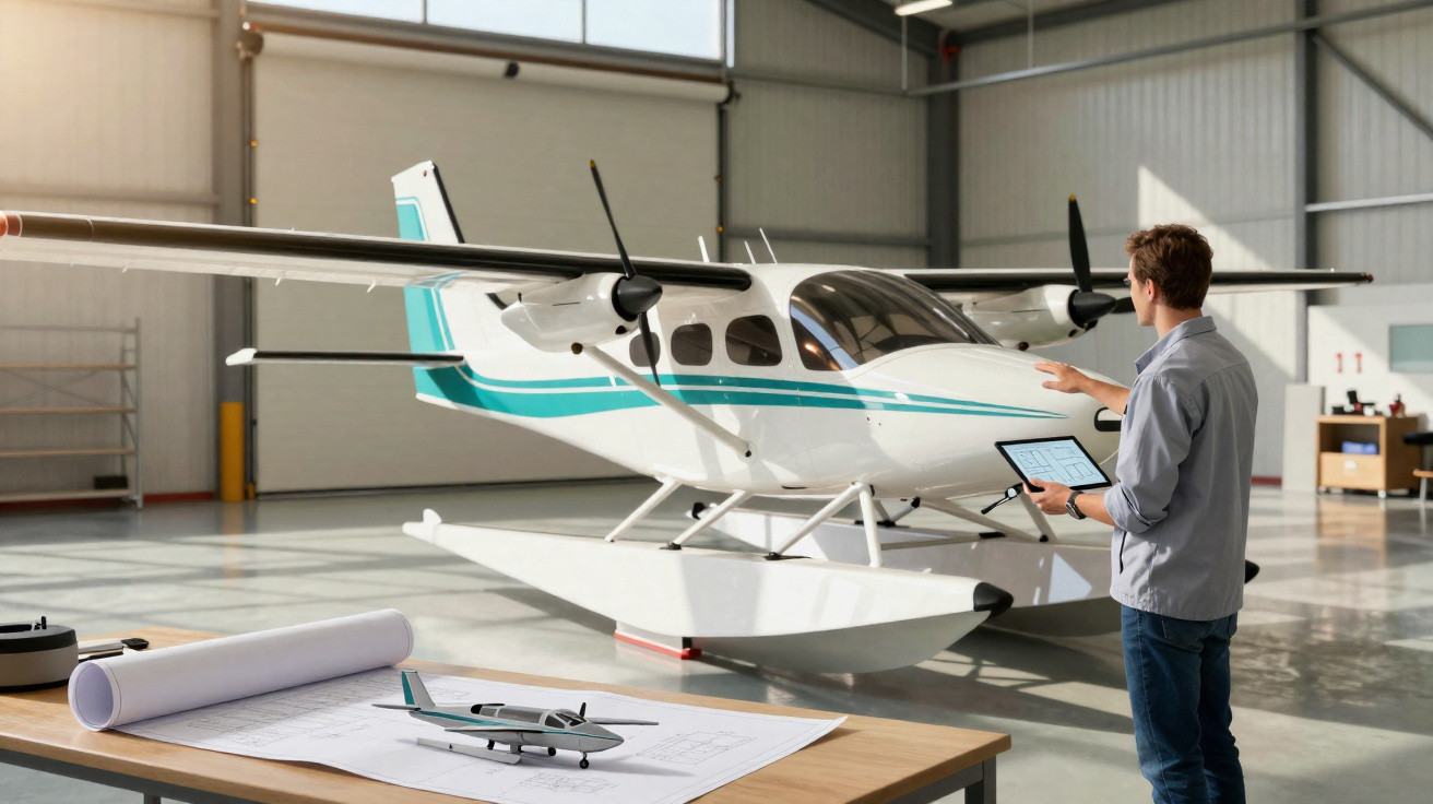 Homem analisa avião hidroavião branco com riscas azuis num hangar com tablets e maquete na mesa.