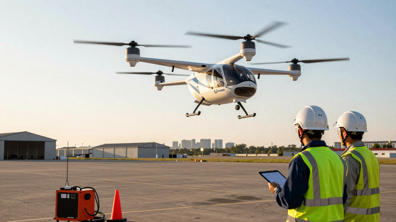 Dois técnicos com coletes refletores e capacetes observam um drone de grande porte a voar num aeroporto.