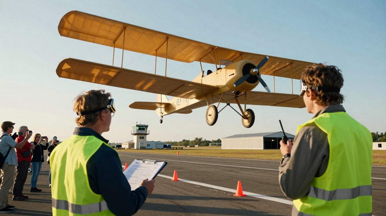 Avião biplano amarelo a descolar com pessoas a observar e técnicos com coletes refletivos na pista.