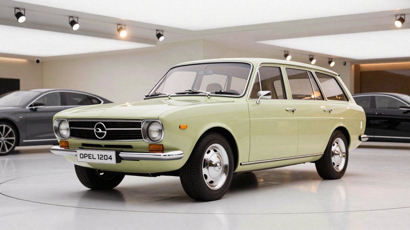Automóvel clássico Opel 1204 carrinha de cor creme em expositor interior moderno.