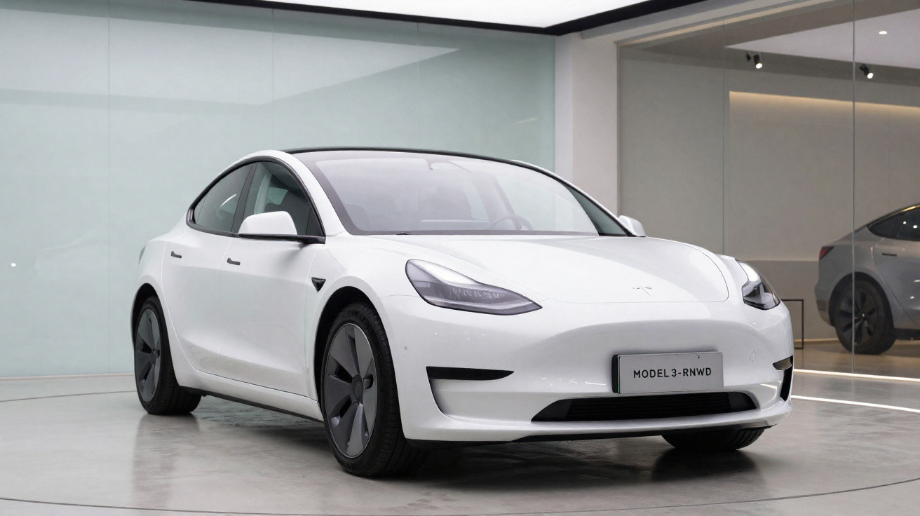 Automóvel elétrico branco Tesla Model 3 estacionado em espaço interior moderno com parede de vidro.