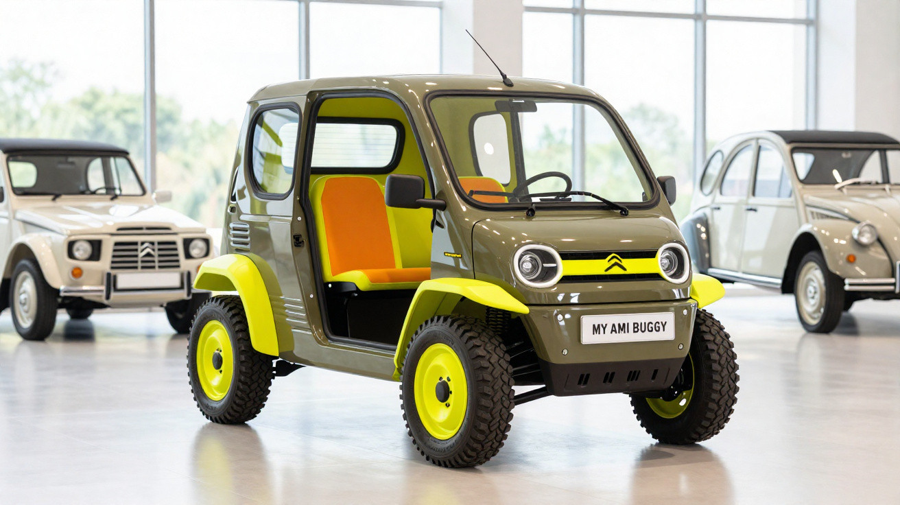 Citroën Ami Buggy verde com detalhes amarelos exposto em sala com outros carros clássicos ao fundo.