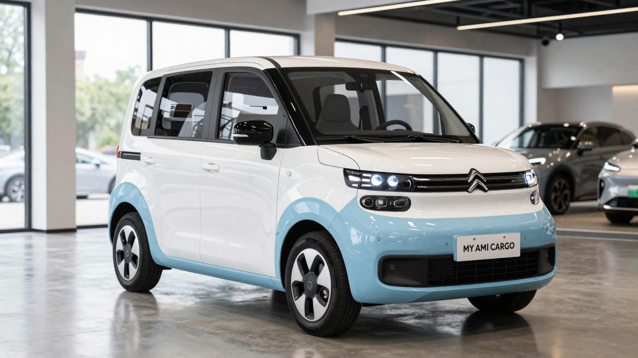 Carro elétrico Citroën My Ami Cargo branco e azul, com design compacto, estacionado em showroom moderno.