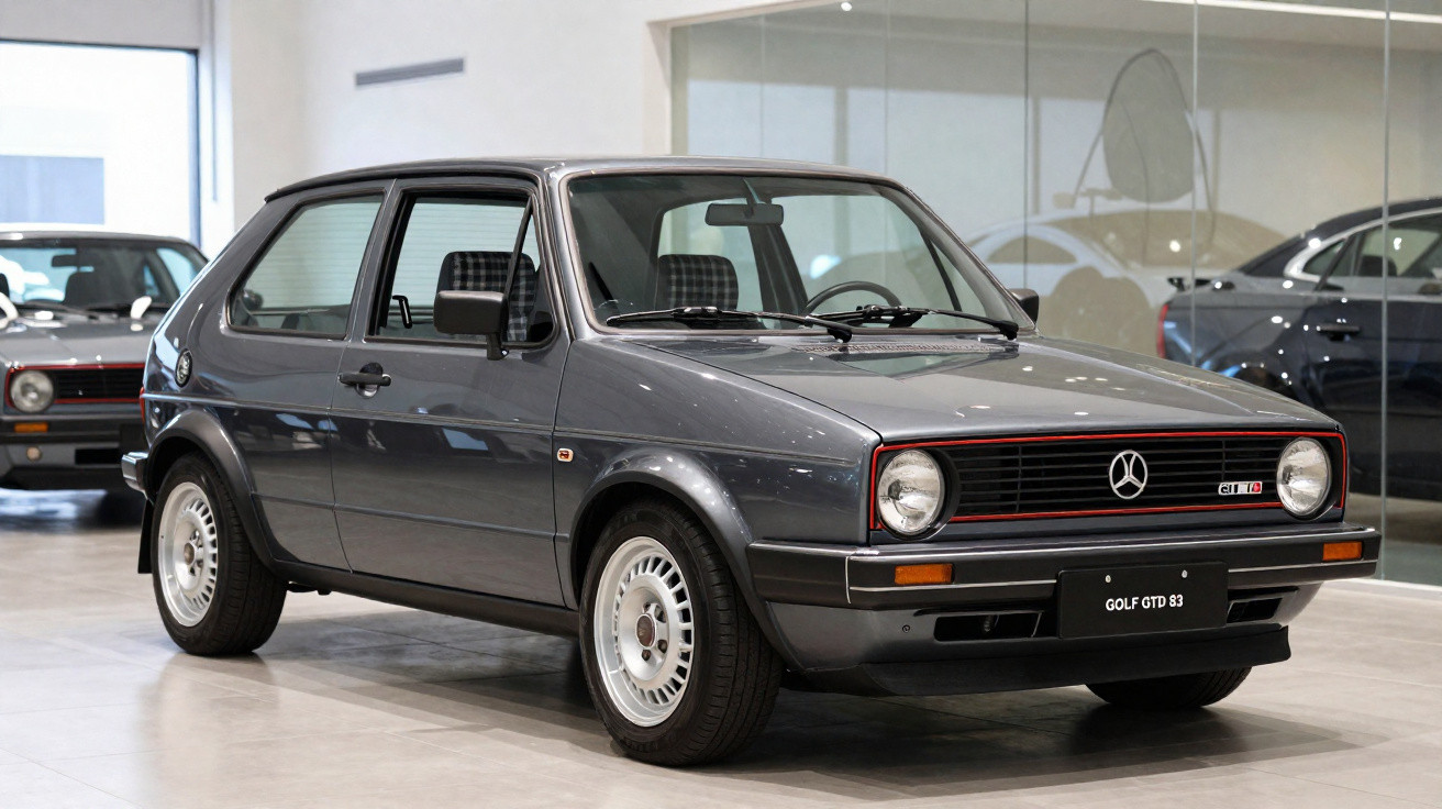 Carro clássico Volkswagen Golf GTD 1983 cinzento exposto em ambiente interior moderno.