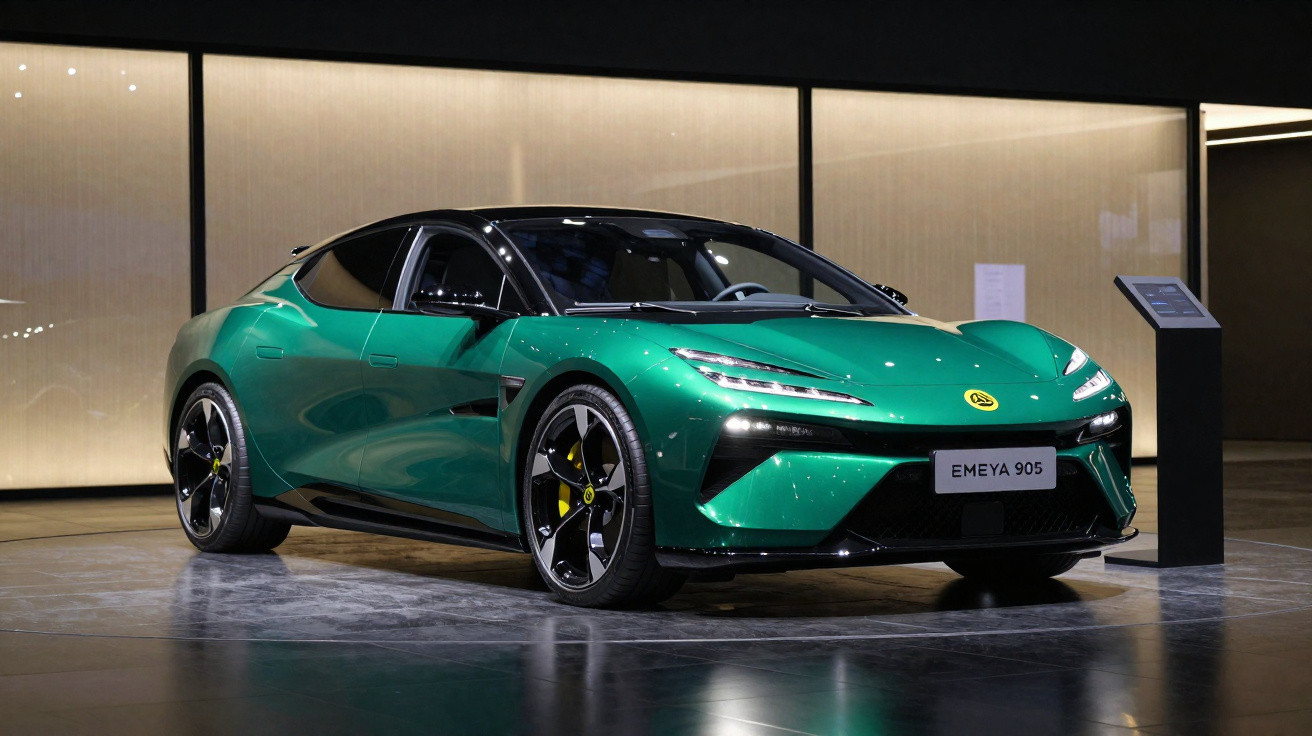 Carro elétrico desportivo verde com detalhes pretos exposto numa sala moderna e iluminada, modelo Emeya 905.