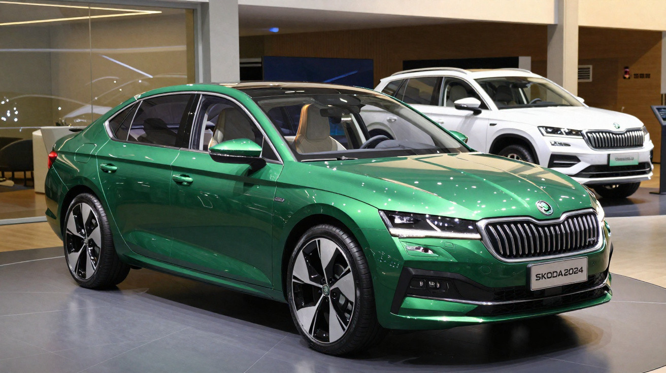 Carro sedan verde metálico Škoda 2024 exibido em showroom moderno.