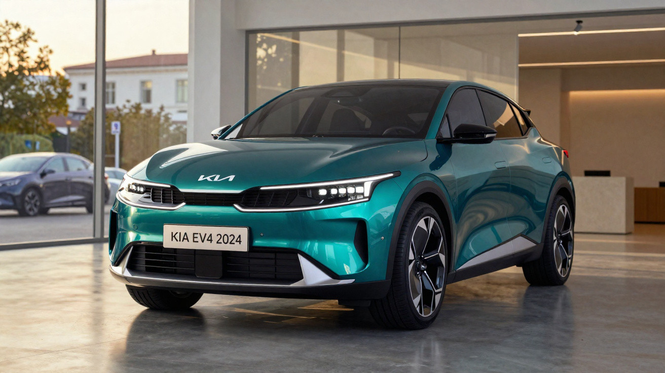 Carro elétrico Kia EV4 2024 verde brilhante estacionado em showroom moderno e luminoso.