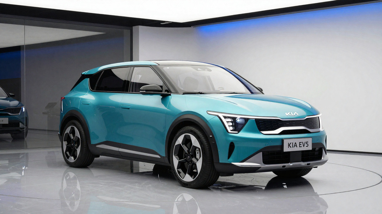 Carro elétrico Kia EV5 azul turquesa estacionado em ambiente moderno e minimalista com chão refletor.