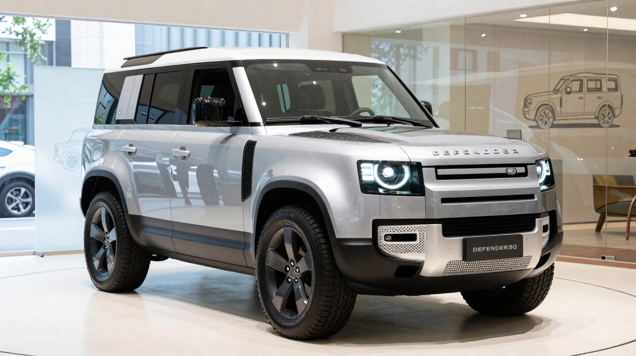 SUV Land Rover Defender 90 prata exposto em interior moderno com iluminação natural.