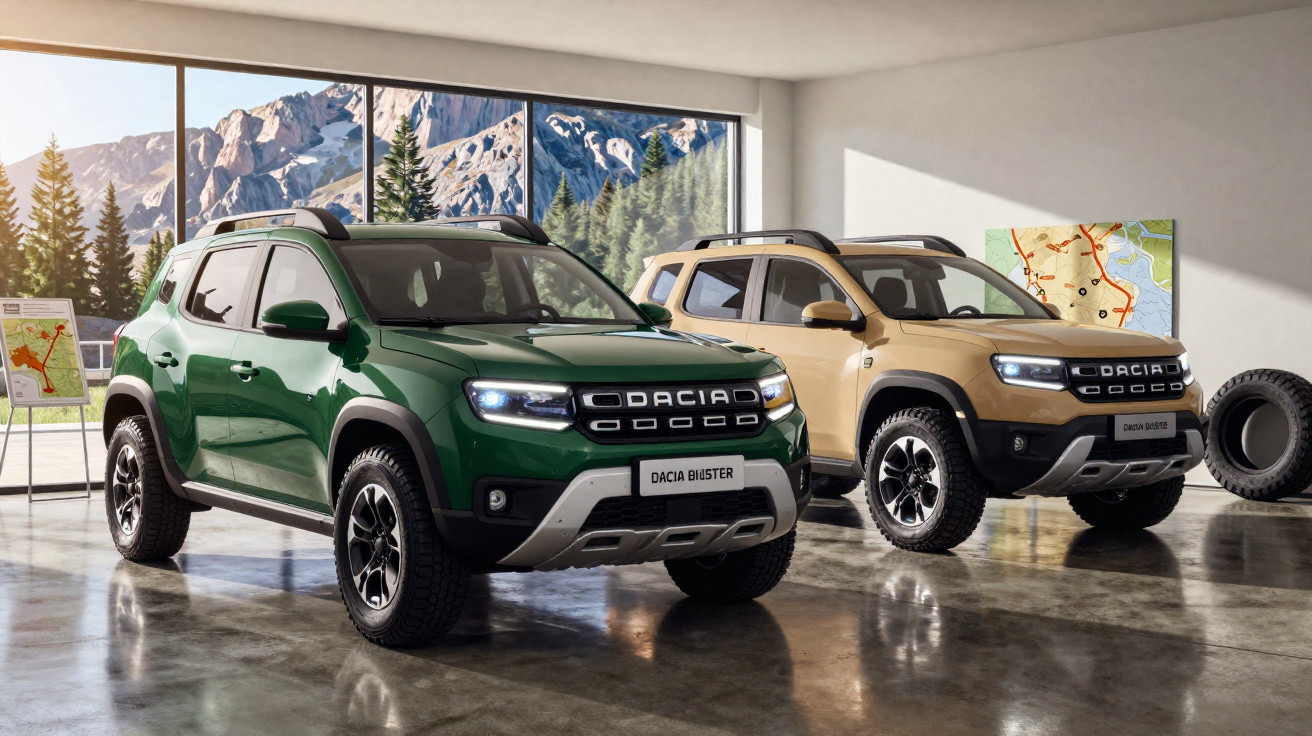 Dois carros Dacia Duster, um verde e um bege, numa garagem com janelas grandes e vista para montanhas.