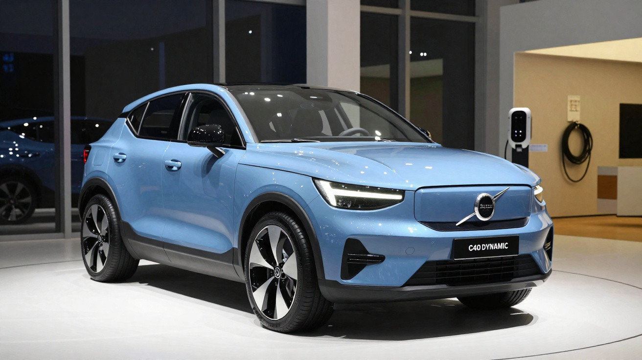 Carro elétrico Volvo C40 Recharge azul exposto em espaço moderno com carregador elétrico ao fundo.
