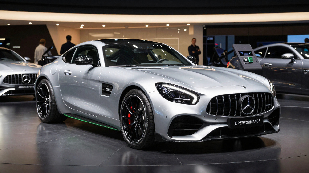 Carro desportivo Mercedes-Benz prata exposto num salão automóvel com pessoas ao fundo.