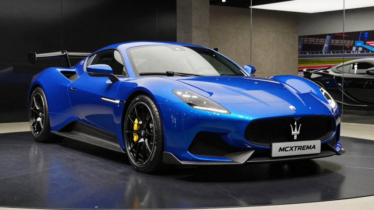 Automóvel desportivo azul Maserati MCXtrema exposto em showroom moderno com iluminação interior.