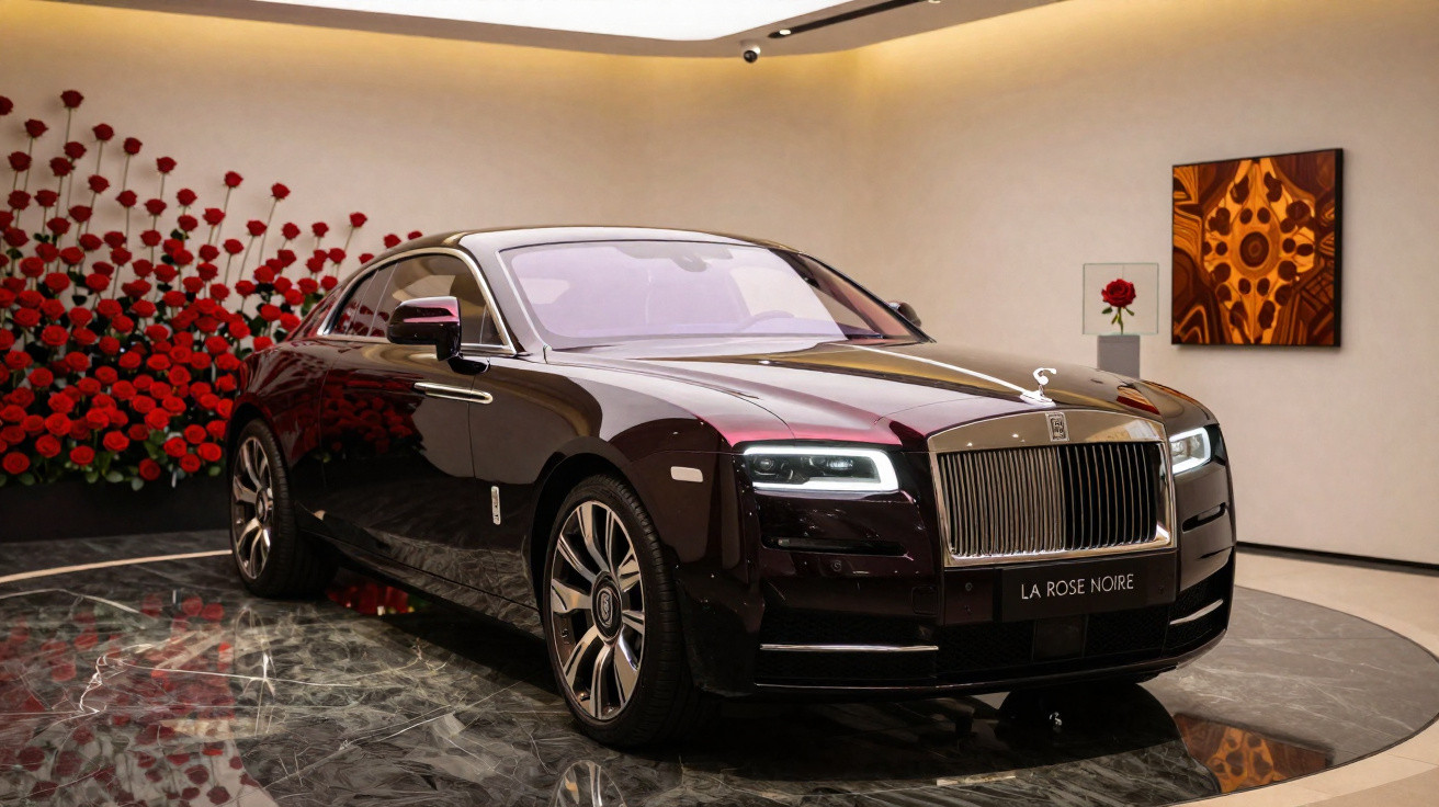 Carro Rolls-Royce La Rose Noire preto exposto com decoração de rosas vermelhas ao fundo.