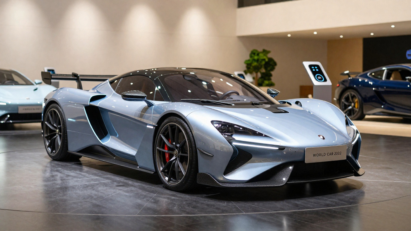 Carro desportivo prateado exibido em salão automóvel com iluminação interior e placas World Car 2022.
