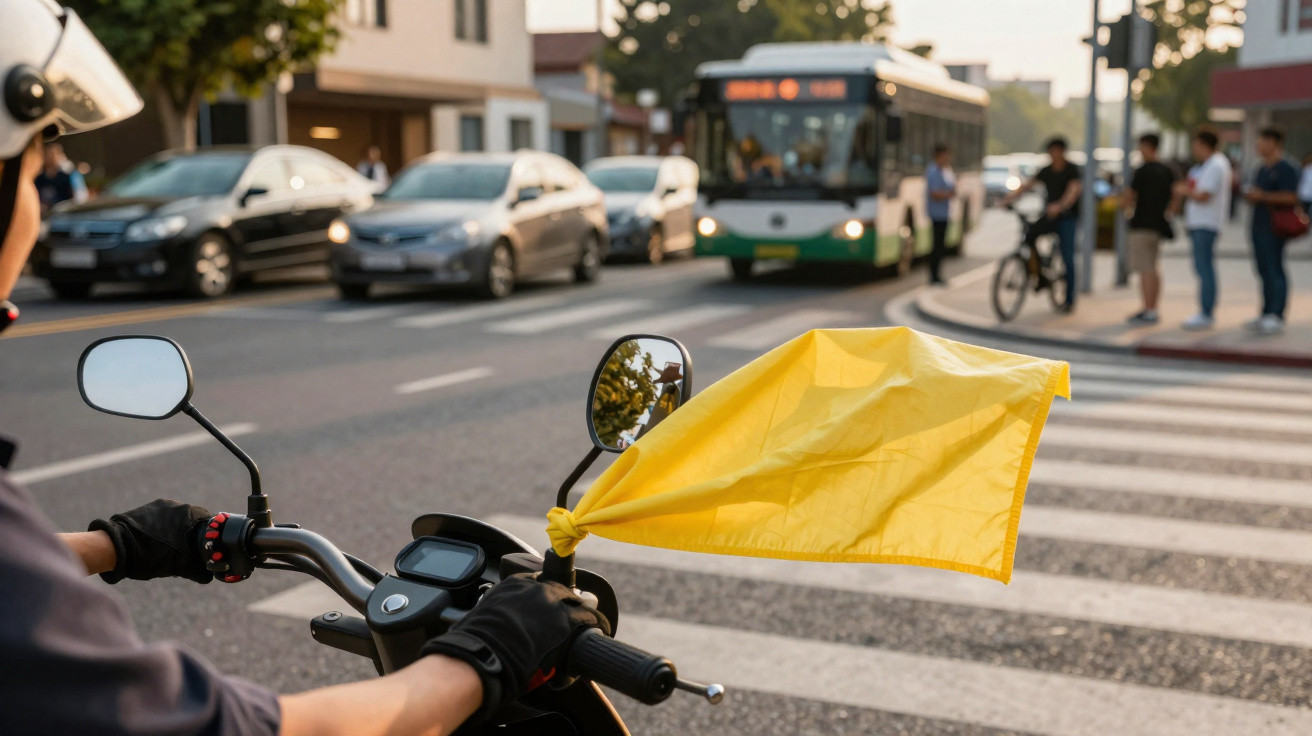 Pessoa numa mota com um lenço amarelo amarrado ao espelho num cruzamento rodoviário urbano.