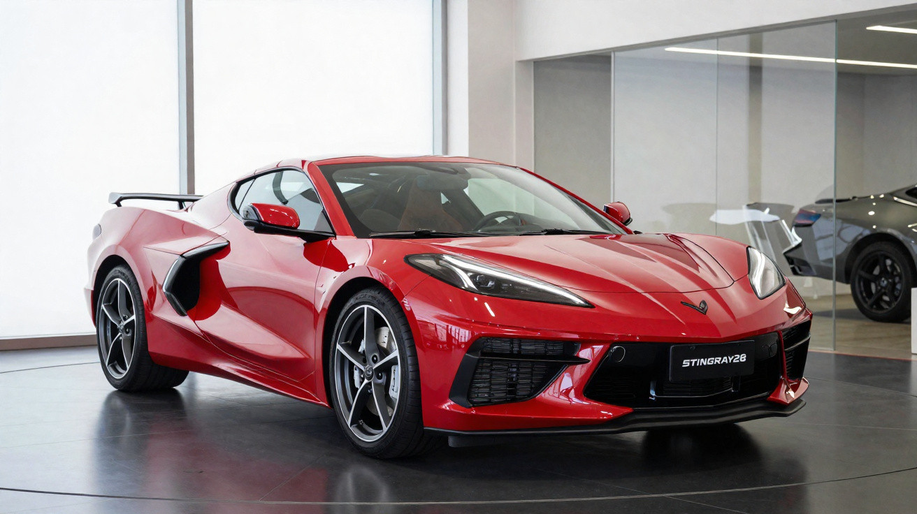Carro desportivo vermelho Chevrolet Corvette Stingray estacionado em showroom moderno com chão escuro.
