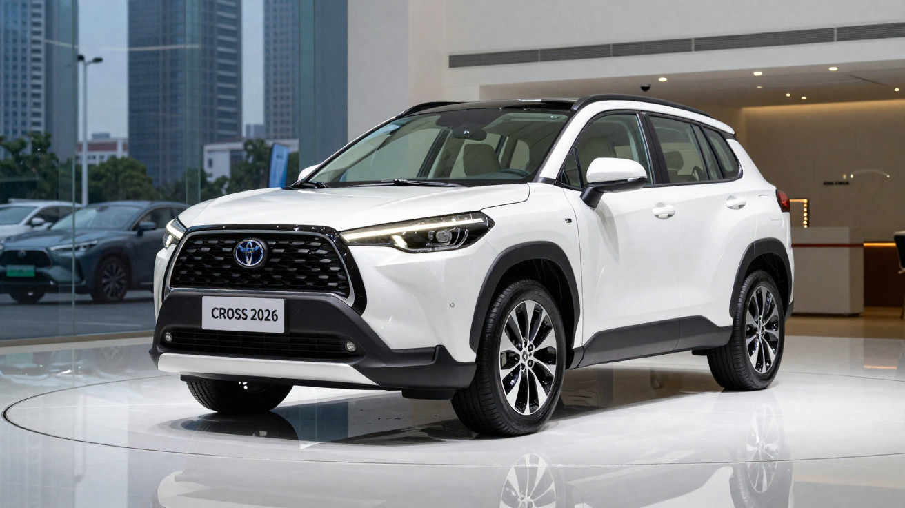 Automóvel Toyota Cross 2026 branco exibido em interior moderno com janelas grandes.