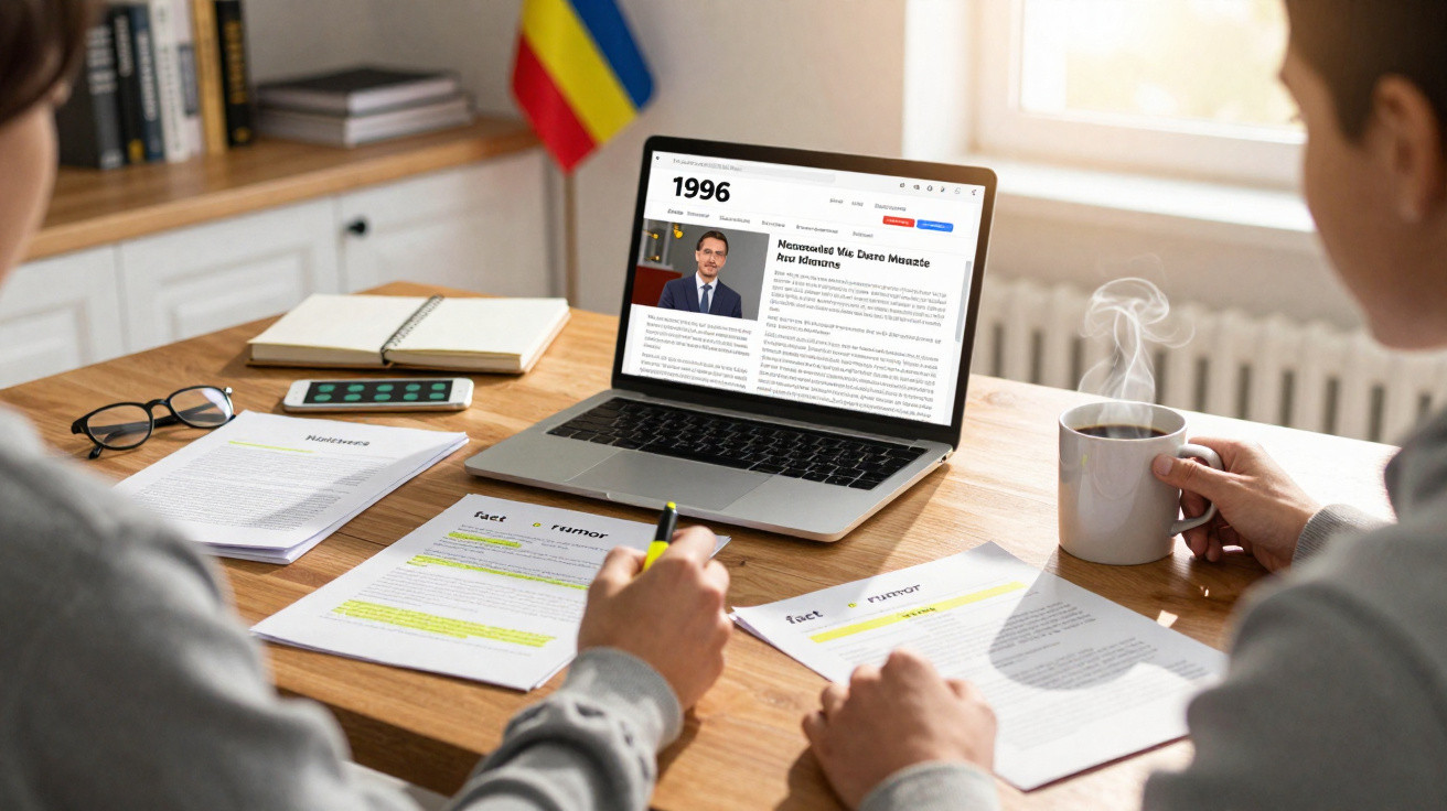 Duas pessoas a analisar documentos e computador num escritório, com chá quente e materiais de trabalho.