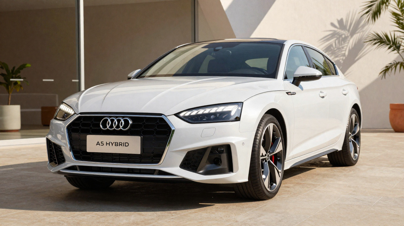 Carro branco Audi A5 Hybrid estacionado em frente a edifício moderno com plantas decorativas.