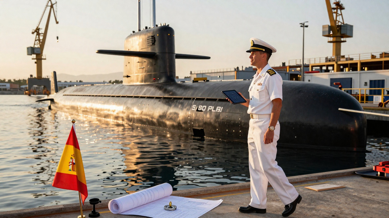 Marinheiro em uniforme branco junto a mapas e bandeira de Espanha em doca com submarino ao fundo.