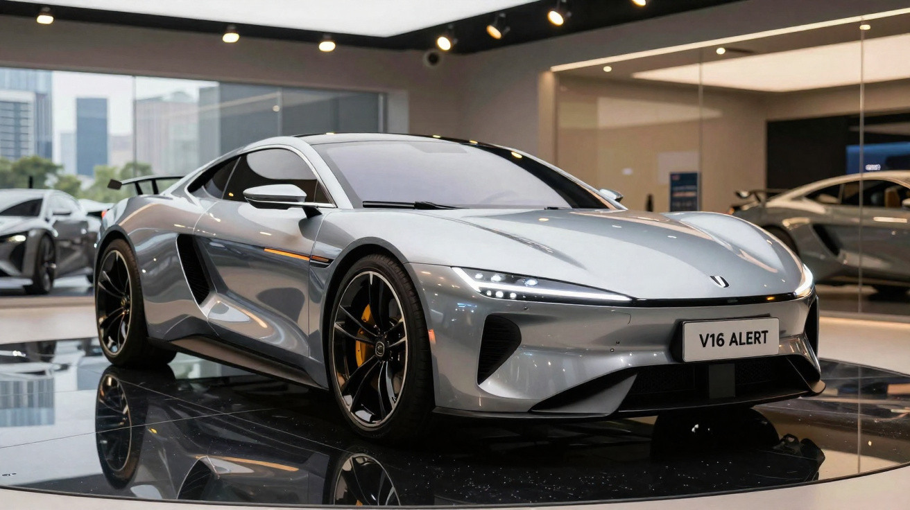 Carro desportivo prateado com design aerodinâmico exposto em salão moderno e iluminado.
