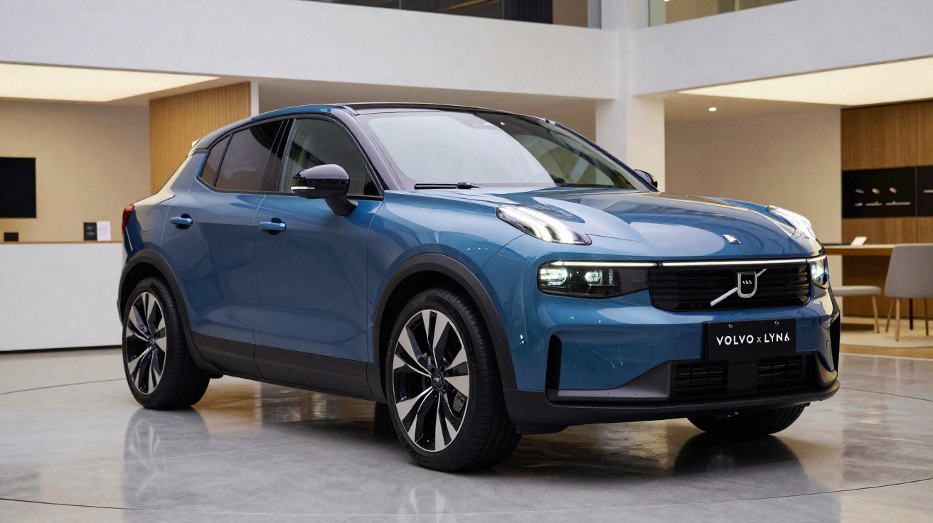 Carro elétrico azul Volvo x Lynk em ambiente de exposição moderno com chão refletor e decoração minimalista.