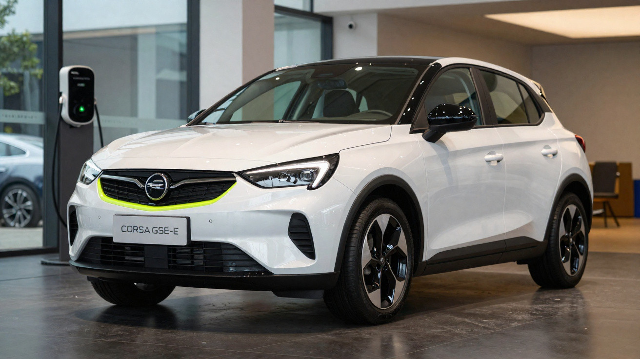 Automóvel branco Opel Corsa GSE-e elétrico estacionado num showroom moderno.