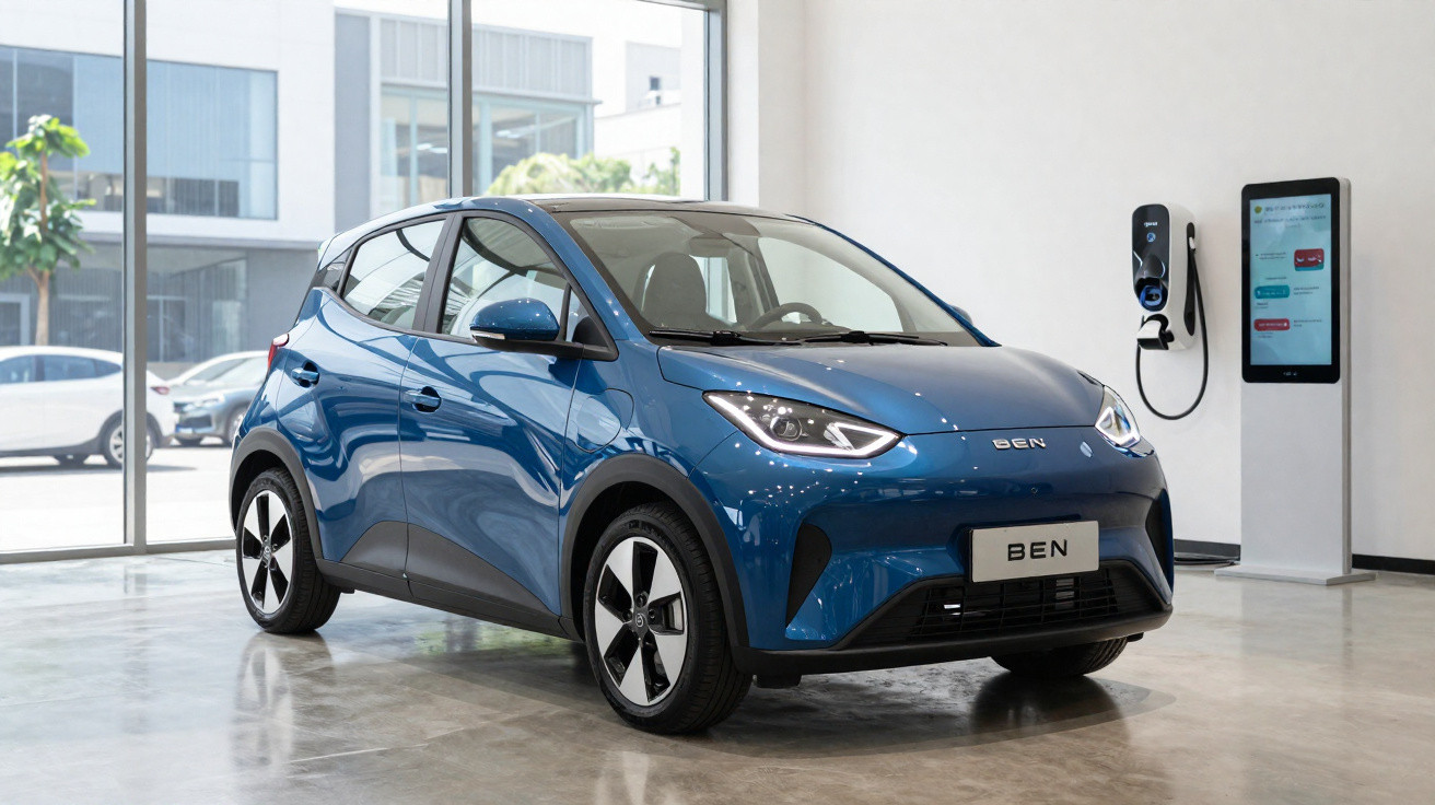 Carro elétrico azul BEN estacionado em showroom moderno com posto de carregamento ao fundo.