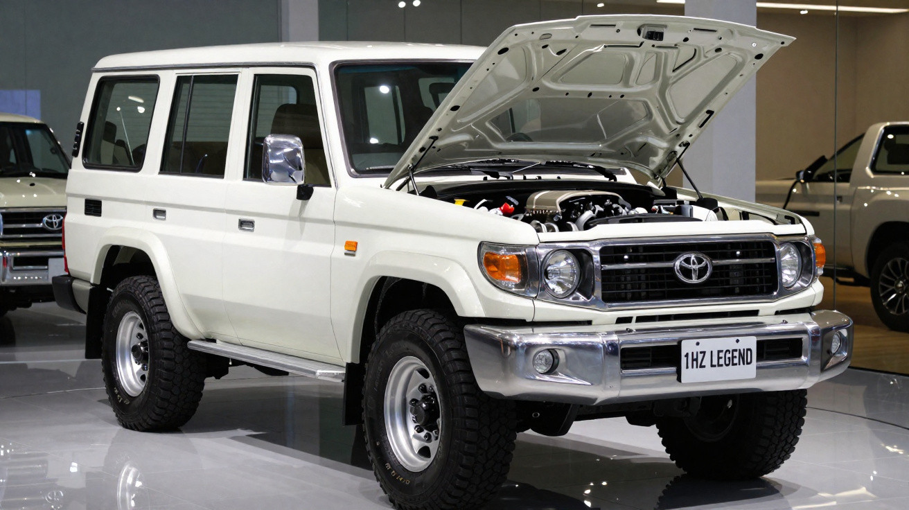 Toyota Land Cruiser branco com capot aberto exibido em salão automóvel.