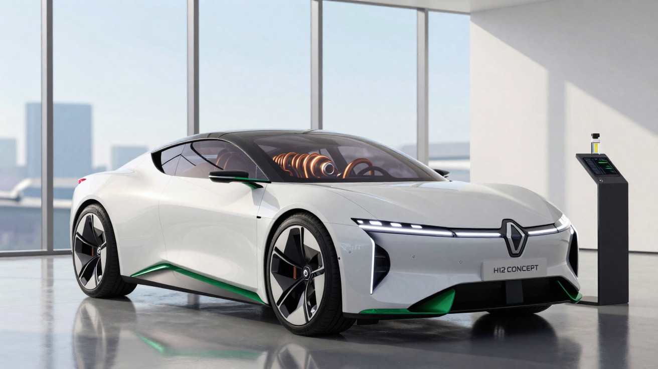 Carro elétrico branco Renault H12 Concept estacionado em showroom moderno com janelas grandes.