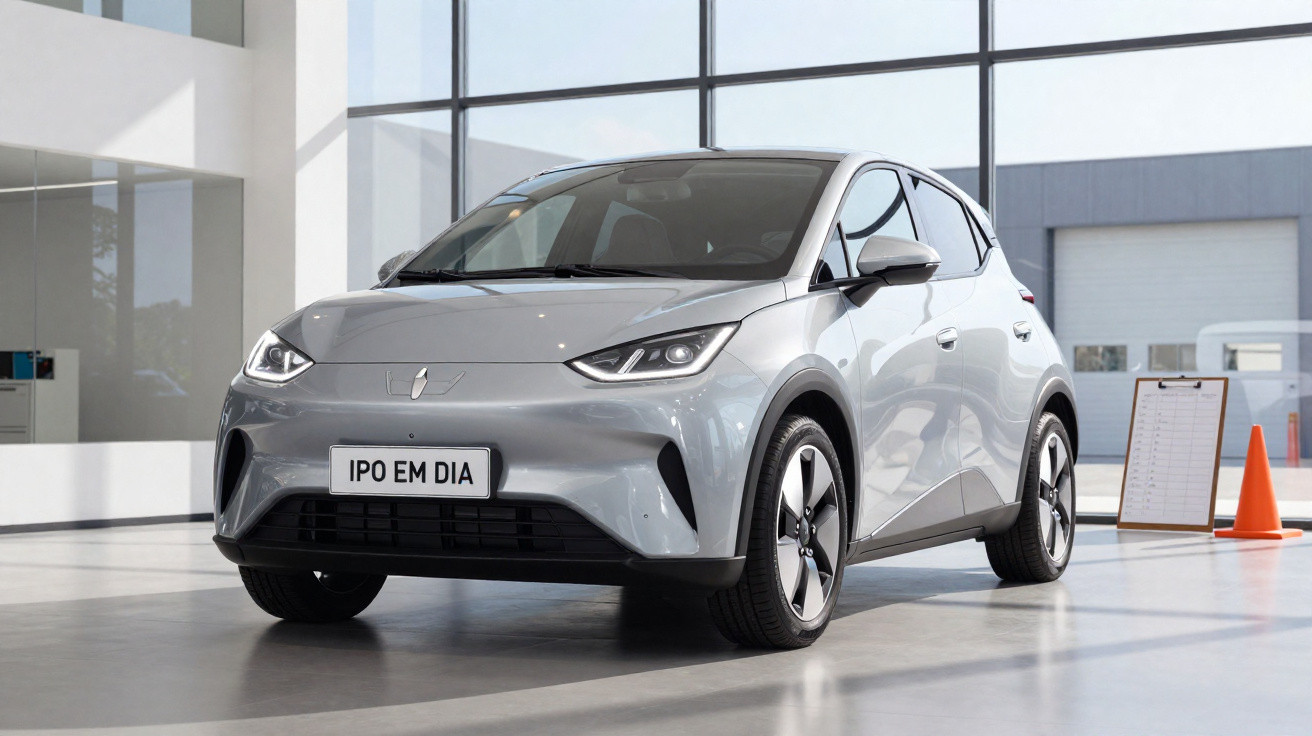 Carro elétrico cinza moderno numa exposição interior com placa personalizada "IPO EM DIA".