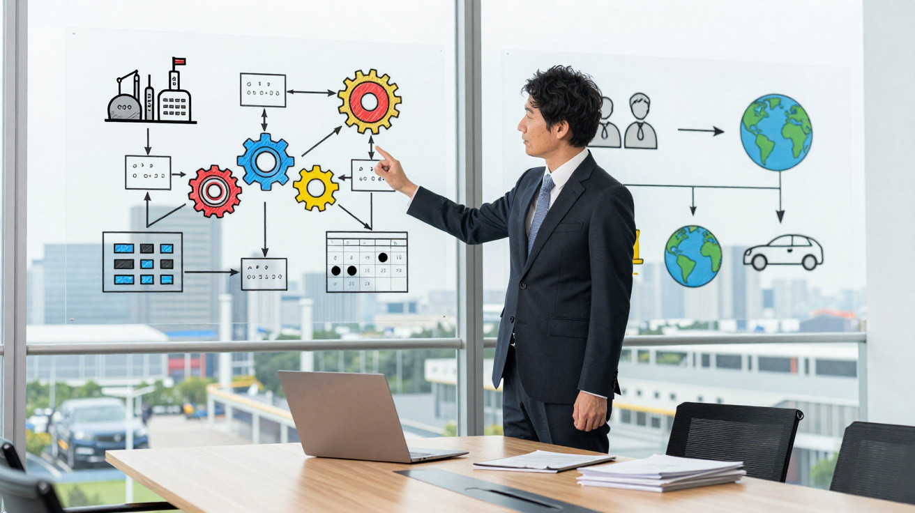 Homem de negócios aponta para diagrama de processos e sustentabilidade desenhado numa parede de vidro.