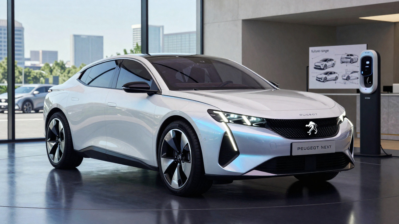 Carro elétrico Peugeot Next branco estacionado em showroom moderno com cidade ao fundo.