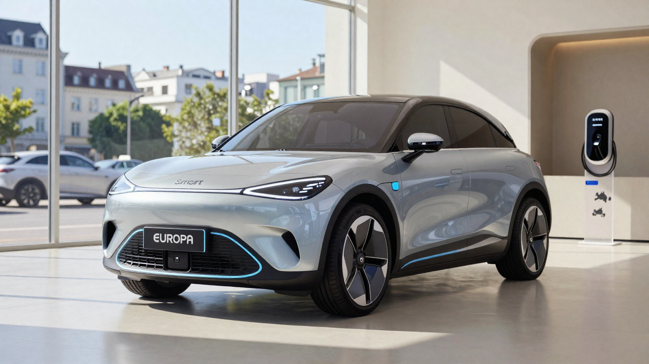 Carro elétrico moderno cinza estacionado num espaço interior com estação de carregamento ao fundo.