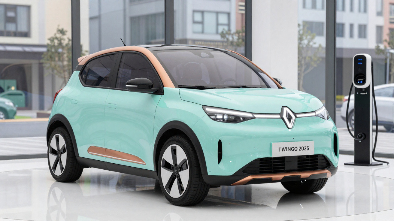 Carro elétrico Renault Twingo 2025 verde água com detalhes cobre a carregar numa estação de carregamento.