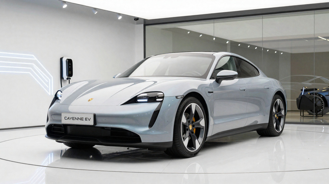 Carro elétrico Porsche Taycan prateado em exposição numa sala moderna com paredes de vidro e carregador na parede.