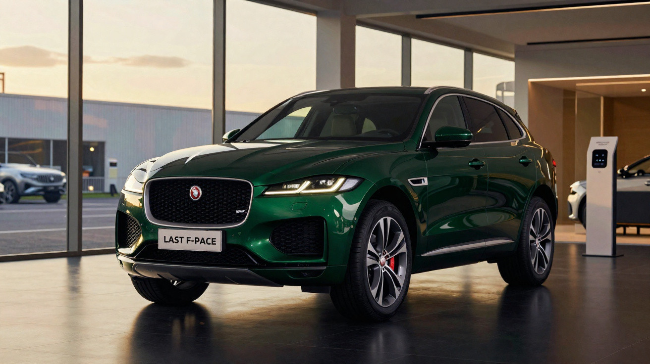 Carro Jaguar F-Pace verde estacionado num espaço interior moderno com grandes janelas.