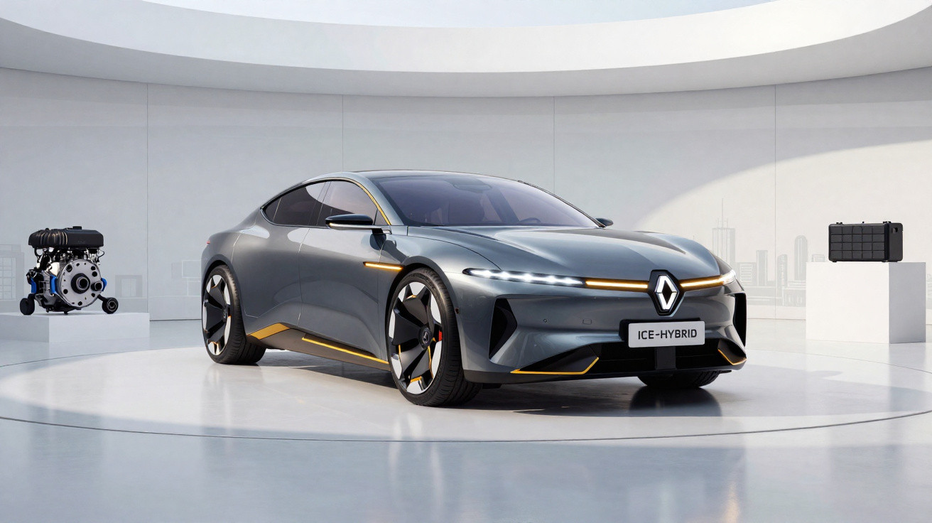 Carro desportivo cinza Renault ICE-HYBRID com detalhes em laranja numa sala branca minimalista.