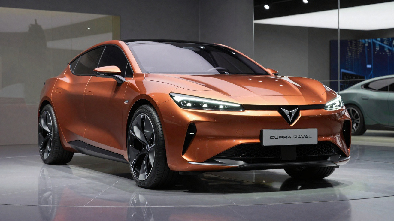 Carro elétrico Cupra Raval cor cobre exposto em salão, visto de frente e lado esquerdo.