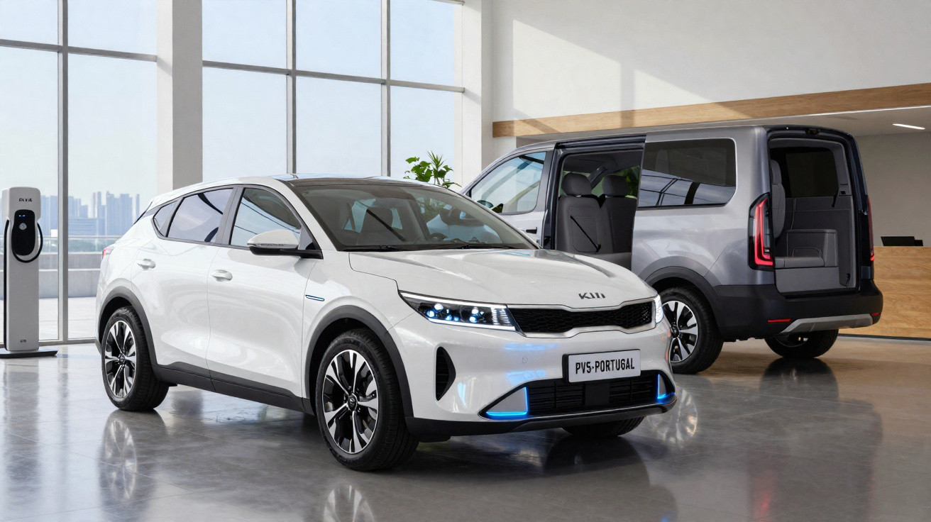 Dois carros eléctricos Kia num showroom moderno, um branco ao centro e um cinzento com portas abertas.